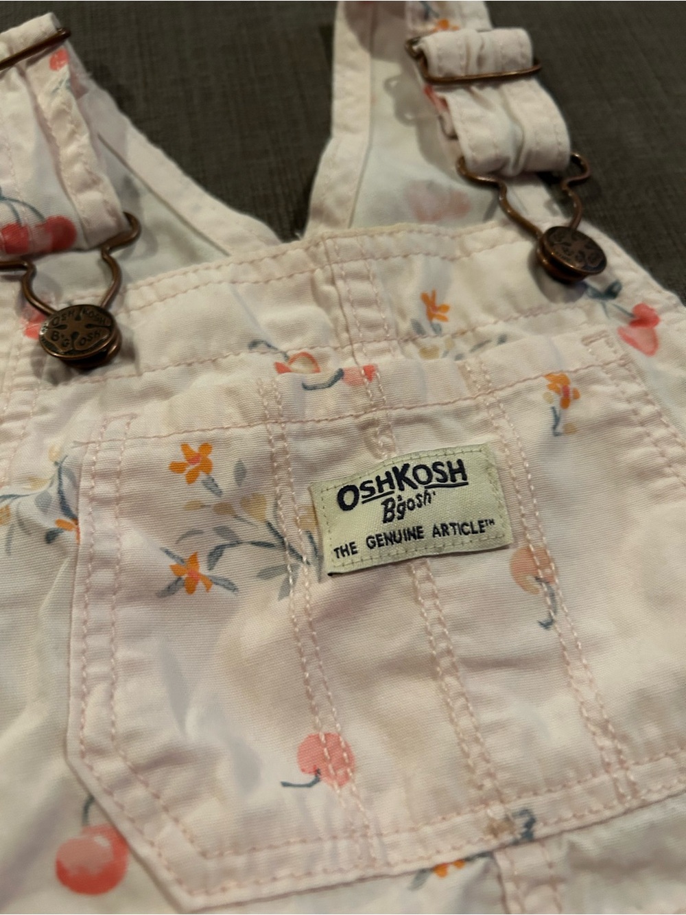 OshKosh B'gosh Pink Cherry Floral Shortall Overalls Toddler Girl 2T - Picture 3 of 6